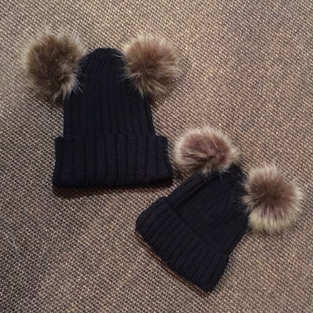 Adult and child double pom pom hats
